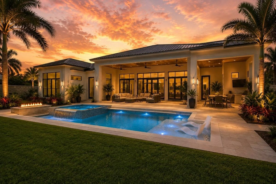A finished backyard at dusk with lit planting and a pool