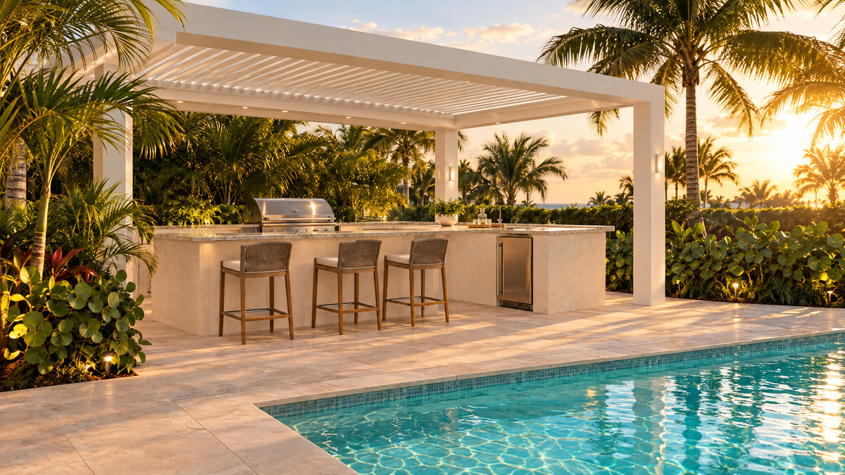 L-shaped outdoor kitchen with a built-in stainless grill and granite counters under a louvered pergola beside a pool in a South Florida backyard