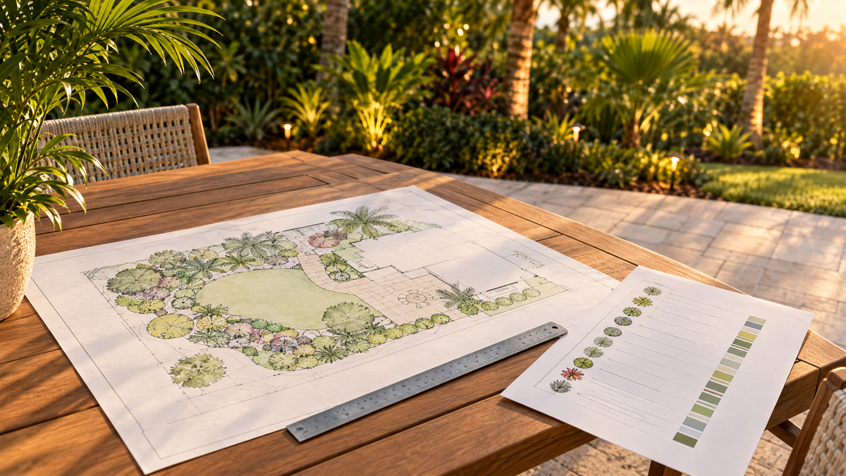 Printed landscape design plan with a scale ruler and plant list on a patio table in a Florida backyard