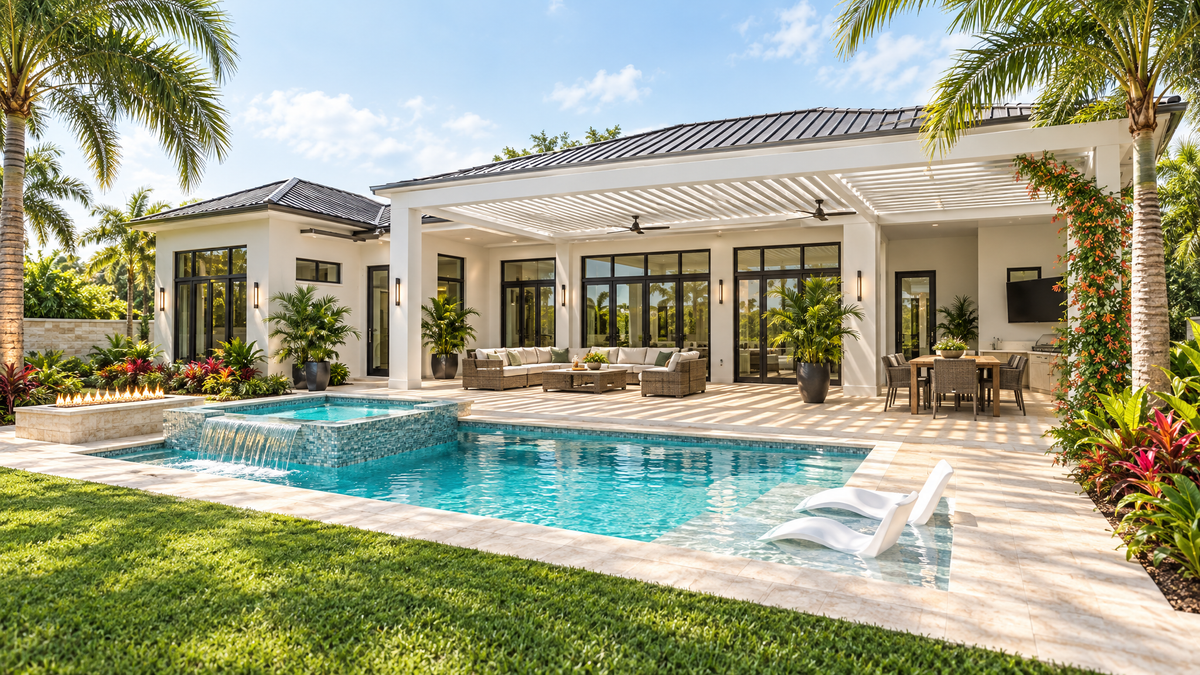 White aluminum pergola shading an outdoor dining area beside a pool at a Florida home, with a flowering vine on one post