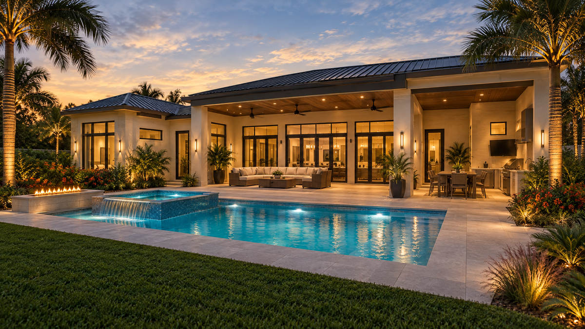 Modern South Florida backyard with an outdoor kitchen, pergola, pool, uplit sabal palms, and native plant beds at dusk