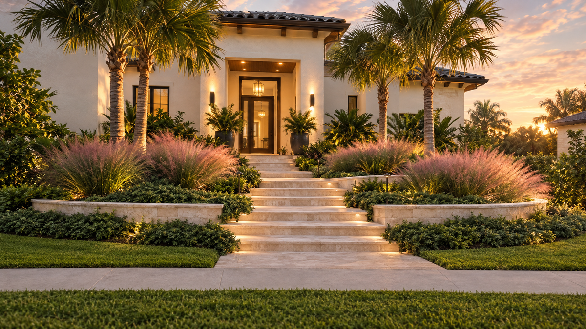 Terraced sloped front yard with low limestone retaining walls, stone steps to the front door, and pink muhly grass on the banks of a Florida home