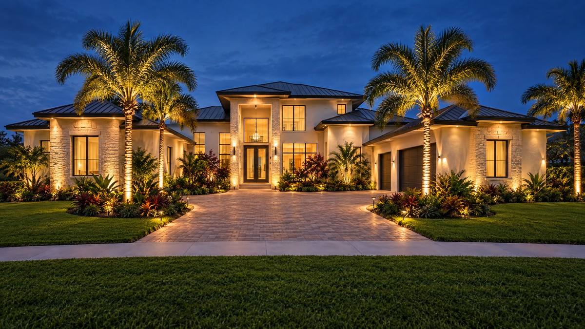 Florida home at dusk with uplit palms, a soft wall wash, and low path lights along a stone walkway