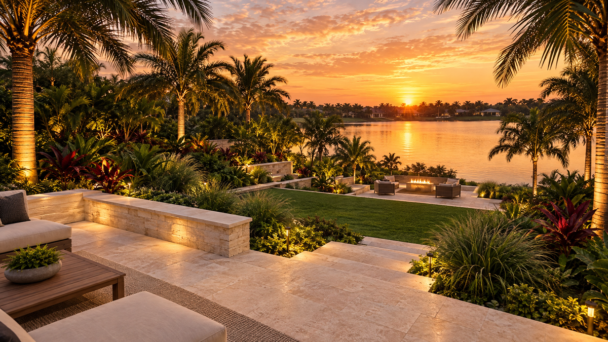 Terraced sloped backyard with a stone patio, seat-height retaining wall, wide steps, and planted banks stepping down toward a lake in Florida