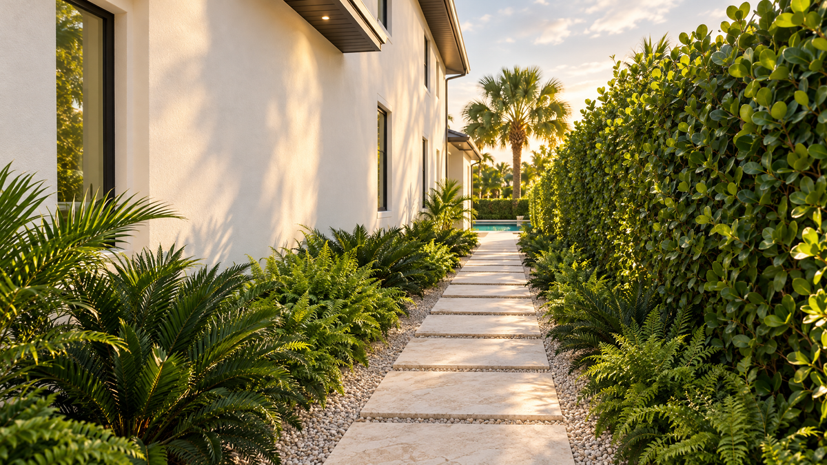 Stone stepping path through a narrow side yard between a stucco wall and a green hedge, with ferns and a palm at the far end