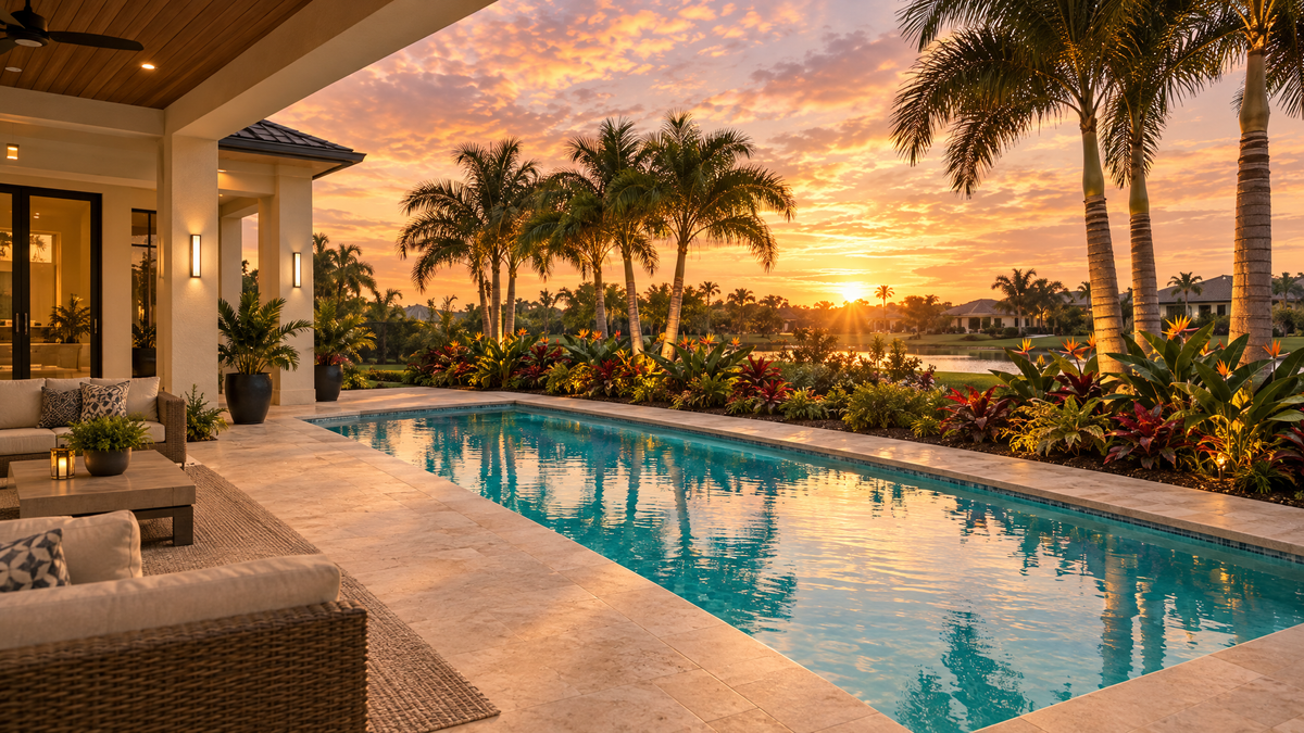 Florida backyard pool with a light travertine deck, clustered palms, and low tropical plantings set back from the water