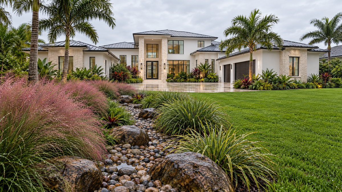 Planted dry creek bed of river rock carrying rainwater across a South Florida backyard lawn beside a travertine patio