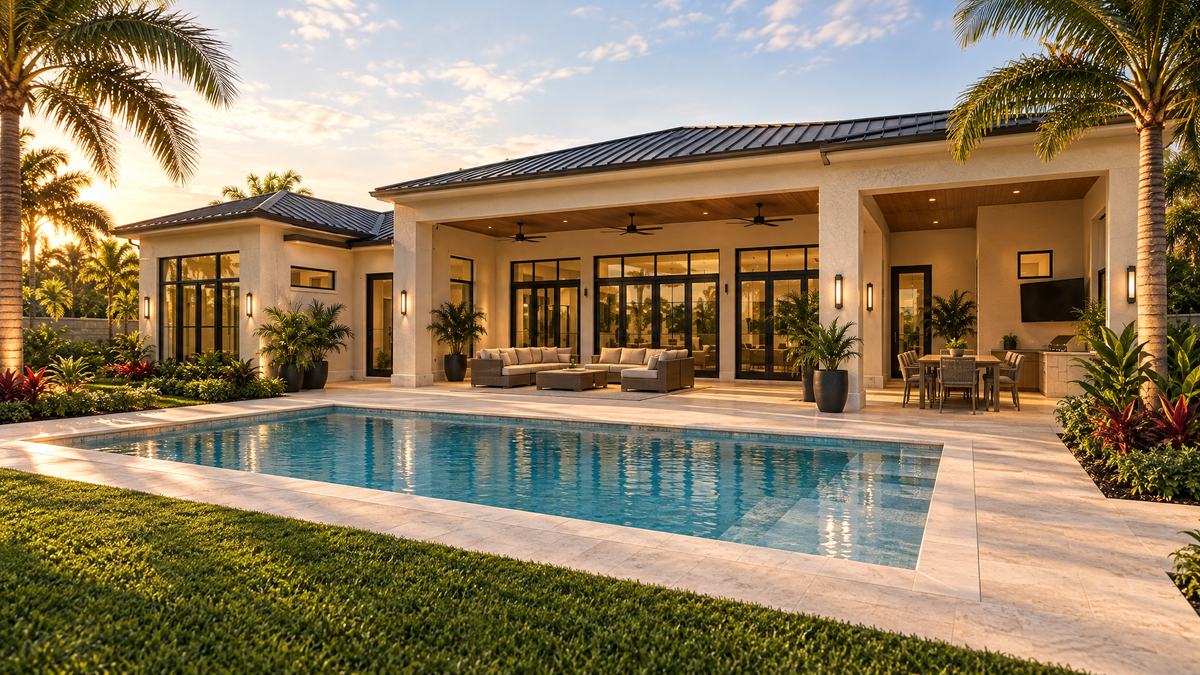 Light ivory travertine pool deck with keystone coping and a porcelain-paved lanai at a South Florida home