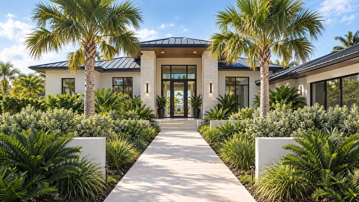 Front entry garden of a Florida home with a limestone walkway, sabal palms, and structured native plant beds