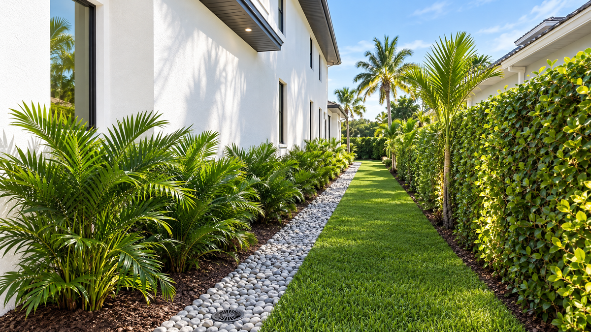 Gravel-topped French drain running along the stucco wall of a Florida home's side yard between turf and coontie plantings