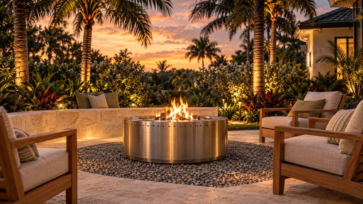 Stainless steel smokeless fire pit burning hardwood on a gravel pad in a South Florida backyard at dusk, with stone seating and palms behind