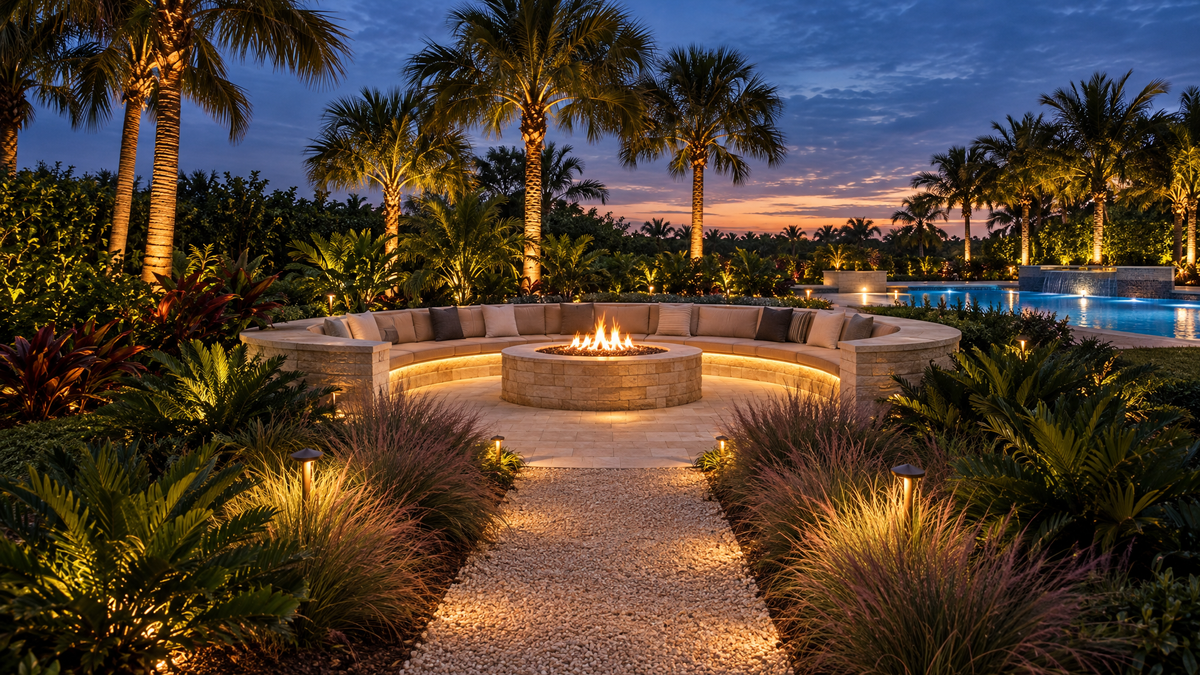 Sunken stone fire pit with curved seat walls and a lit garden path in a South Florida backyard at dusk, with uplit palms behind