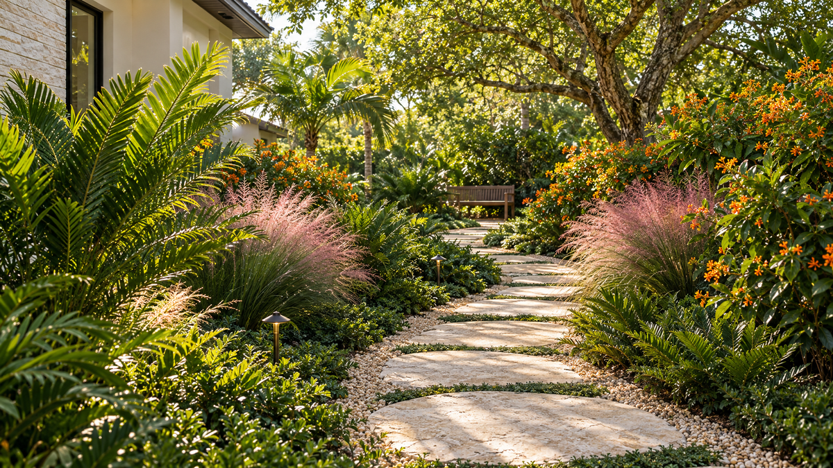 Curving shellstone stepping stone path through tropical planting beds leading to a bench under a shade tree