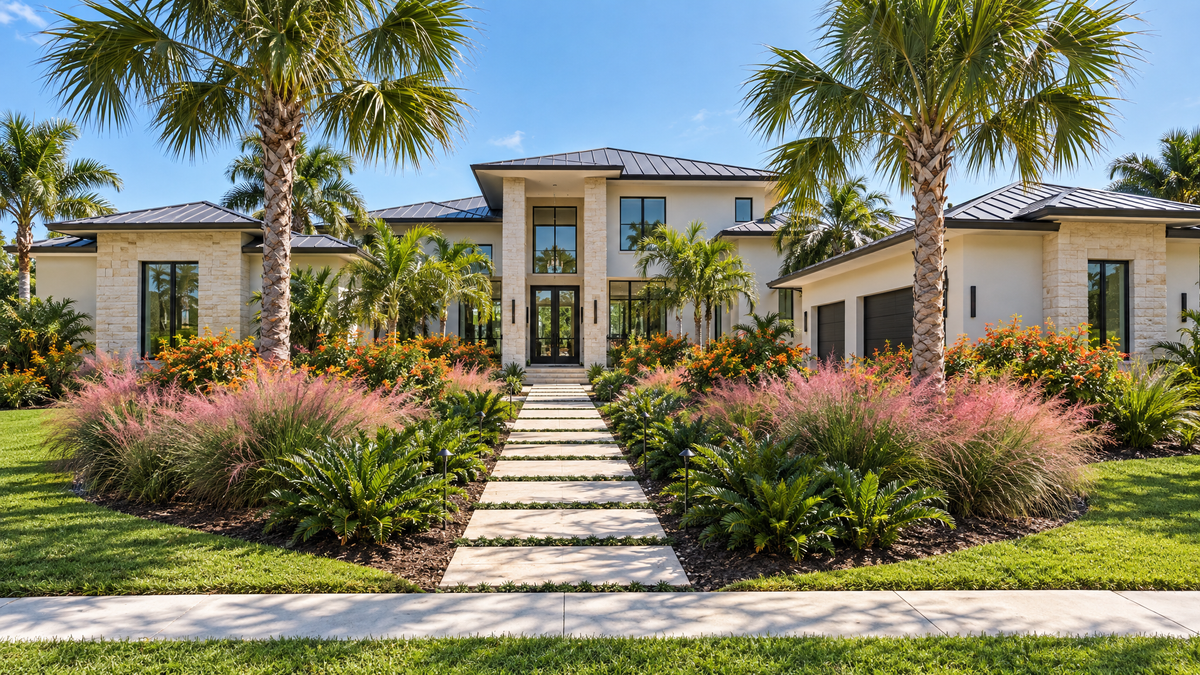 Florida-friendly front garden with native grasses, coontie, firebush, and sabal palms around a permeable paver walkway
