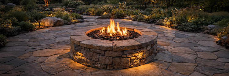 Round stone fire pit centered on a flagstone patio surrounded by garden landscaping — Sol and Arbor