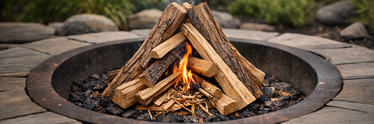Firewood stacked in a teepee formation inside a round metal fire pit, just beginning to catch flame on a stone patio.