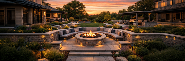 Large stone fire pit centerpiece in a landscaped backyard patio — Sol and Arbor
