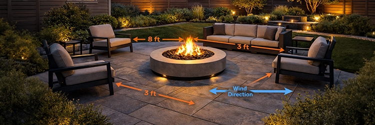 Professional backyard fire pit layout diagram showing 8 ft seating distance, 3 ft clearance zones, and wind direction indicators for safe and optimal outdoor fire pit placement