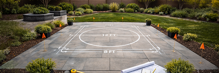 Backyard patio with chalk-marked fire pit placement measurements showing diameter and clearance guidelines for local fire pit regulations