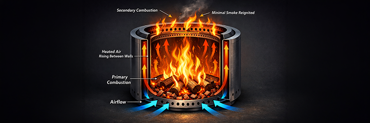 Diagram showing how a smokeless fire pit works, with labeled airflow, primary combustion, heated air rising between walls, and secondary combustion
