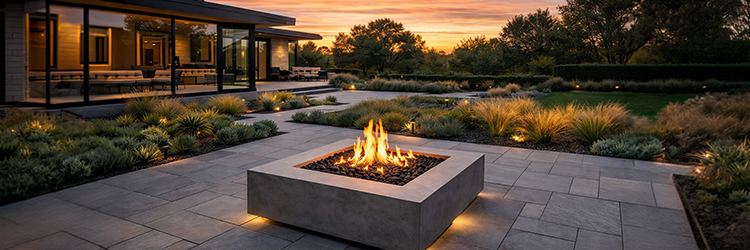 Modern square concrete fire pit on a stone patio at sunset — Sol and Arbor