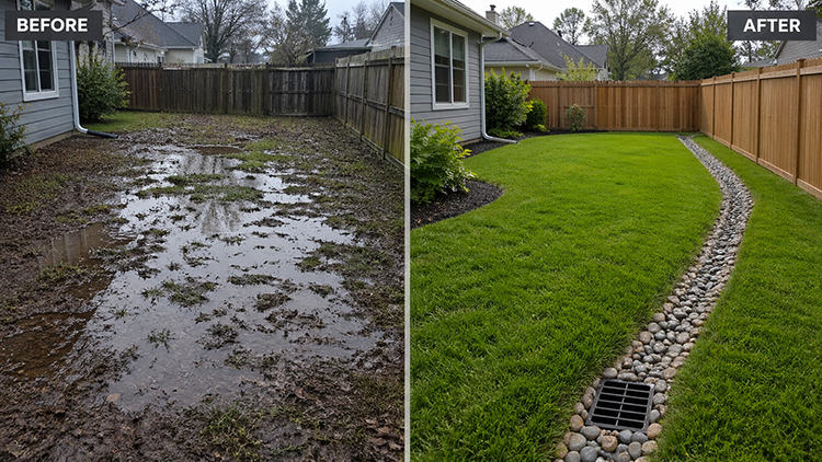 Before and after backyard drainage fix by Sol and Arbor, featuring a French drain and river rock channel that eliminated standing water and restored a healthy lawn.