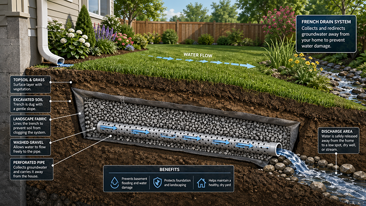 French drain installation diagram showing how a perforated pipe, gravel, and landscape fabric work together to redirect backyard groundwater, as installed by Sol and Arbor landscaping professionals.