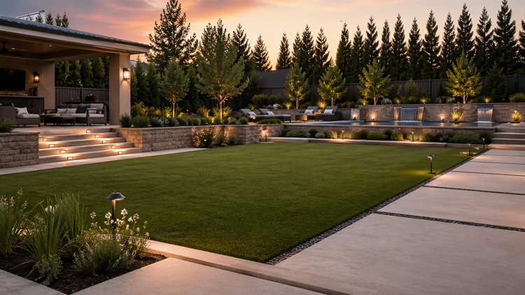 A professionally landscaped backyard at dusk with lush green lawn, terraced retaining walls, and elegant lighting, showcasing the results of expert drainage and landscape planning