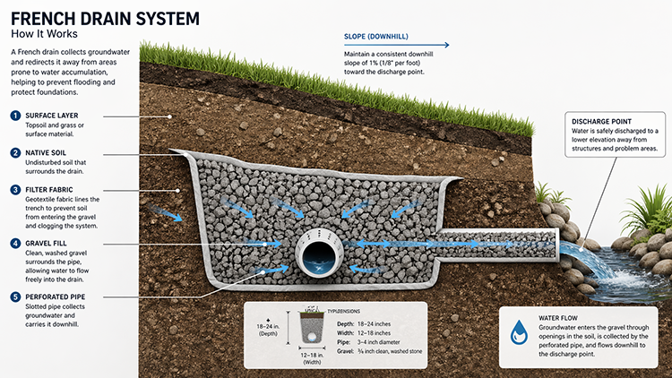 Diagram of a French drain system showing its five layers, including perforated pipe, gravel fill, and filter fabric, with labeled water flow and discharge point