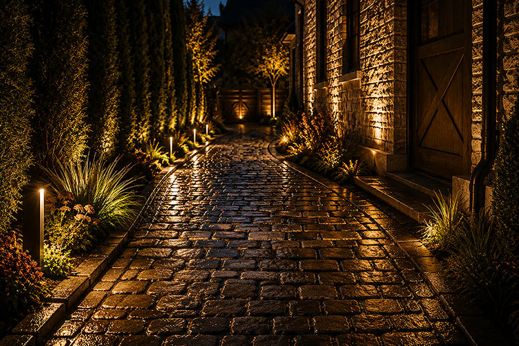 Nighttime cobblestone side yard pathway lined with low-voltage bollard lights and uplighting that illuminate ornamental grasses, shrubs, and a stone home exterior