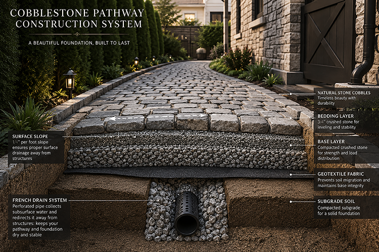 Diagram of a cobblestone pathway construction system showing layered drainage components including a French drain, geotextile fabric, crushed stone base, and natural stone cobbles