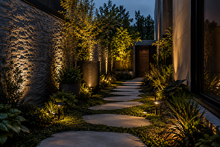 Single-file stepping stone layout along a narrow side yard corridor with layered landscape lighting illuminating trees and plantings at night