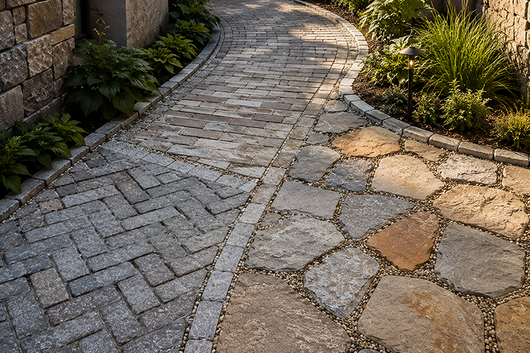 Durable cobblestone and natural stone pathway design winding through a landscaped side yard, highlighting mixed paver textures and professional hardscape craftsmanship