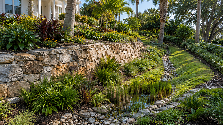 A natural stone retaining wall and rock-lined drainage channel guide water down a sloped Florida front yard, bordered by ferns and grasses.